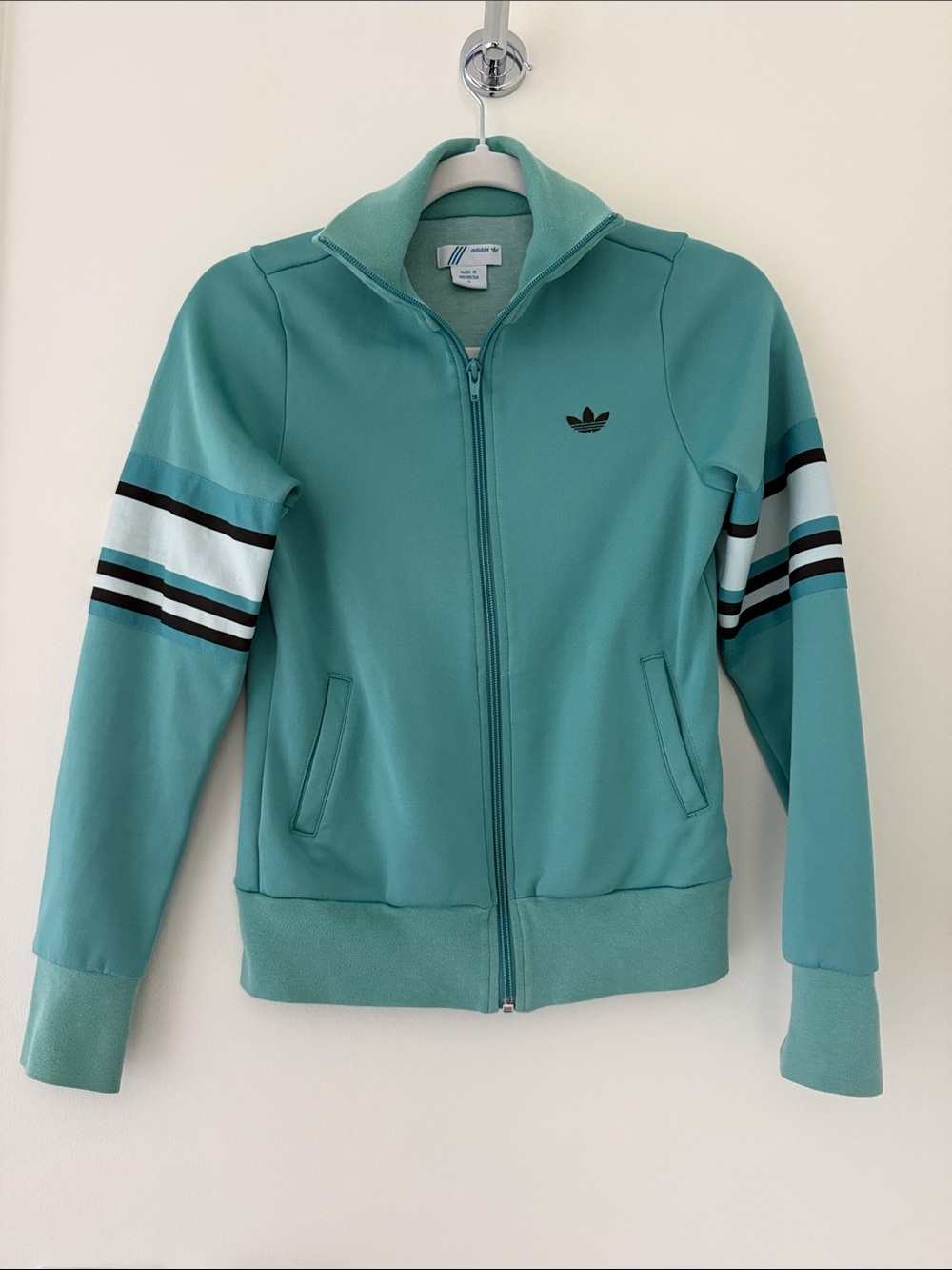 Retro 90s adidas women’s small zip up Teal Track Jacket with Striped Sleeves